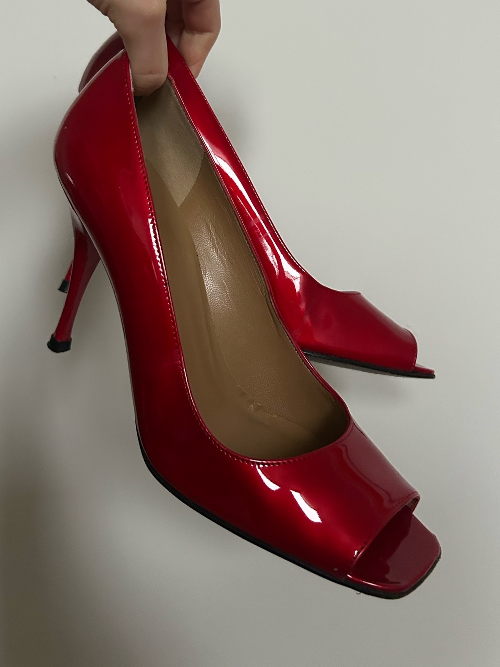 Stuart Weitzman Red Patent Peep-Toe Stiletto Heels
